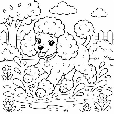 Poodle nhảy múa giúp bé phối màu thể hiện sự vui tươi và hoạt bát nhân vật
