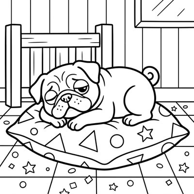 Pug ngồi tự tin giúp bé luyện tô màu nhân vật hình khối tròn đầy cân đối