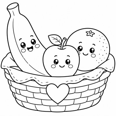 Chuối và mâm trái cây giúp bé tô màu nhiều loại quả hài hòa trong cùng bố cục