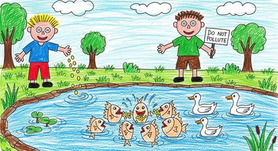 Bạn nhỏ rắc thức ăn cho cá bên ao trong lành người bạn bên cạnh cắm biển Do Not Pollute
