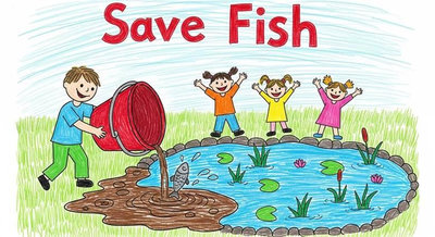 Cậu bé đổ nước vào ao cứu cá các bạn nhỏ vui mừng với khẩu hiệu Save Fish bảo vệ thủy sinh