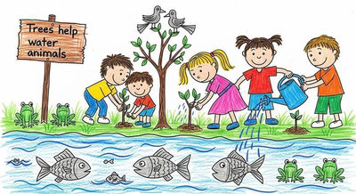 Các bạn nhỏ trồng cây xanh bên bờ sông biển Trees Help Water Animals nhắc cây giúp bảo vệ thủy sinh