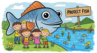 Nhóm bạn nhỏ vui vẻ ôm chú cá lớn bên dòng sông xanh với biển Protect Fish đầy màu sắc