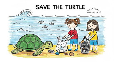 Hai bạn nhỏ nhặt rác trên bãi biển với tiêu đề Save The Turtle bảo vệ rùa biển khỏi ô nhiễm nhựa