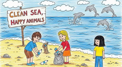 Trẻ em dọn rác trên bãi biển với biển Clean Sea Happy Animals đàn cá heo vui mừng tung tăng
