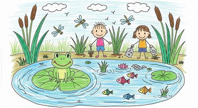 Chú ếch nhảy vui trên lá sen trong ao sạch được các bạn nhỏ chăm sóc và giữ gìn cẩn thận