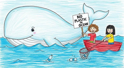 Hai bạn nhỏ trên thuyền vớt rác nhựa và giơ biển No Plastic In Ocean cạnh chú cá voi thân thiện