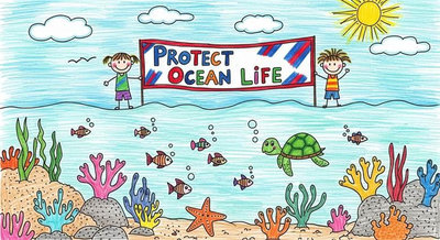 Trẻ em kêu gọi Protect Ocean Life phía trên rạn san hô rực rỡ đầy cá nhiệt đới và rùa biển