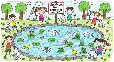 Tình nguyện viên dọn sạch hồ sen với biển Thank You For Cleaning Water cá và ếch vui mừng