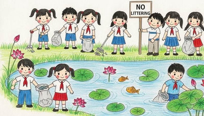 Học sinh tiểu học đồng phục đỏ chung tay dọn sạch hồ sen với biển No Littering giữ hồ luôn trong lành