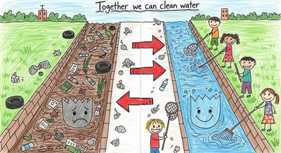Hình ảnh kênh nước ô nhiễm đối chiếu kênh sạch với thông điệp Together We Can Clean Water đầy động lực