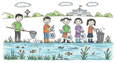 Học sinh dọn rác và vớt chai lọ trong kênh mương gần trường giữ môi trường học tập xanh sạch đẹp