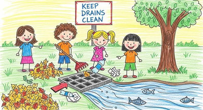 Các bạn nhỏ dọn lá và rác khỏi cống thoát nước với biển Keep Drains Clean ngăn nước tắc nghẽn