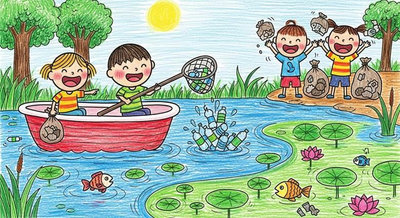 Các em nhỏ chèo thuyền và dùng vợt vớt rác nhựa trên hồ sen mang lại môi trường nước trong lành