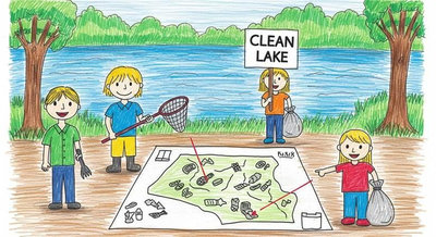 Tình nguyện viên dọn rác quanh hồ theo sơ đồ bản đồ với biển Clean Lake tổ chức khoa học có hệ thống