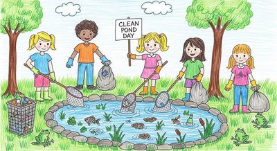 Nhóm tình nguyện viên tổ chức Clean Pond Day cùng nhau vớt rác và làm sạch ao hồ trong khu vực