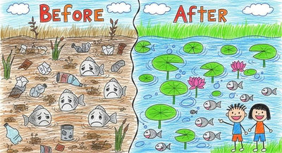 Hình ảnh Before và After ấn tượng ao hồ từ đầy rác ô nhiễm trở thành hồ sen trong lành đẹp đẽ