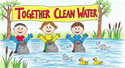 Ba cậu bé lội xuống sông vớt rác với biển Together Clean Water thể hiện tinh thần đoàn kết