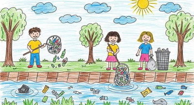 Các bạn nhỏ vừa dọn rác ven sông vừa vớt từ dưới nước cùng nhau làm sạch toàn bộ dòng chảy