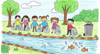 Nhóm học sinh cùng nhau dọn rác ven kênh rạch mang đầy túi rác để giữ nguồn nước luôn trong lành