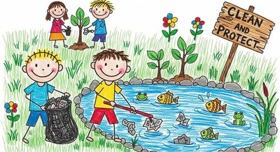 Trẻ em kết hợp dọn vệ sinh ao hồ và trồng cây xung quanh với biển Clean And Protect đầy ý nghĩa