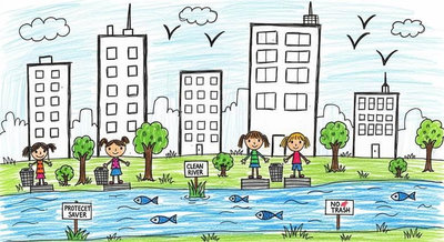 Trẻ em bên bờ sông đô thị cùng nhau giữ vệ sinh với các biển Clean River và No Trash