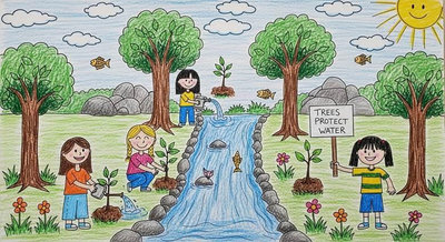 Các bạn nhỏ trồng cây bên bờ suối với biển Trees Protect Water góp phần bảo vệ nguồn nước