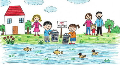 Gia đình và trẻ em cùng nhặt rác với biển No Pollution bên bờ sông bảo vệ nước cho cá và vịt