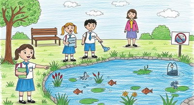 Học sinh mặc đồng phục cùng nhau dọn vệ sinh ao hồ bảo vệ cá và giữ nước luôn trong sạch