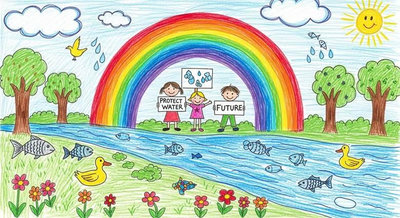 Trẻ em đứng bên dòng sông rực rỡ cầu vồng cầm biển Protect Water / Future đầy hy vọng