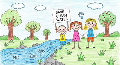 Nhóm bạn nhỏ cầm biển Save Clean Water đứng vui vẻ bên dòng sông xanh trong lành