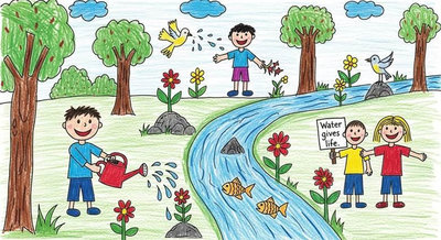 Bạn nhỏ tưới hoa bên dòng sông với thông điệp Water Gives Life – nước là nguồn sống quý giá