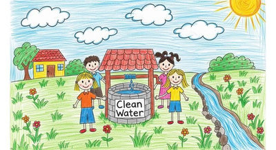 Bốn em nhỏ vui cười đứng quanh giếng nước sạch giữa khung cảnh nông thôn xanh tươi