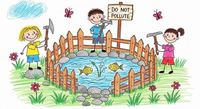 Ba em nhỏ dựng hàng rào bảo vệ ao cá và cắm biển Do Not Pollute để giữ nước luôn trong sạch