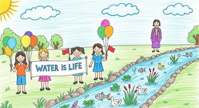 Nhóm bạn nhỏ cầm biển Water Is Life vui vẻ đứng bên dòng sông trong lành có cá và vịt bơi lội