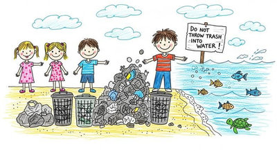 Các bạn nhỏ đứng bên đống rác trên bờ biển với biển Do Not Throw Trash Into Water rõ ràng