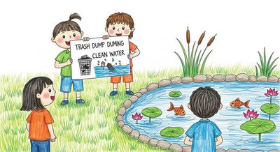 Các bạn nhỏ cầm tranh vẽ tuyên truyền và cùng bảo vệ ao sen luôn trong sạch không bị ô nhiễm