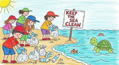 Các em nhỏ dọn rác trên bãi biển với biển Keep The Sea Clean bảo vệ rùa và sinh vật biển
