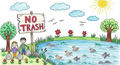 Hai bạn nhỏ cầm túi rác đứng cạnh biển No Trash bên hồ sạch có vịt và cá bơi lội vui vẻ