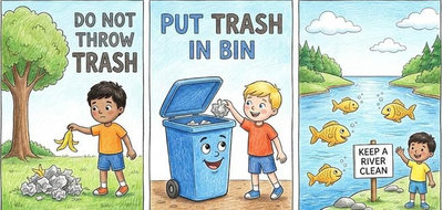 Tranh ba ô nhắc nhở không vứt rác bừa bãi bỏ rác vào thùng và luôn giữ sạch dòng sông xanh