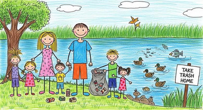 Cả gia đình cùng nhặt rác bên hồ với biển Take Trash Home thể hiện trách nhiệm bảo vệ môi trường