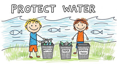Trẻ em phân loại rác vào ba thùng riêng biệt bên biển với thông điệp Protect Water đầy ý nghĩa