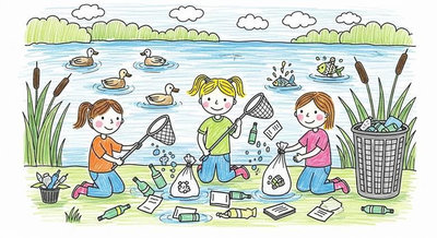 Ba bạn nhỏ vớt rác bằng vợt bên hồ có vịt bơi bỏ rác vào túi để hồ nước luôn trong lành