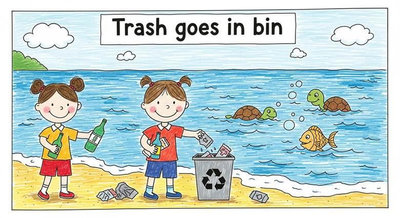 Hai em nhỏ nhặt rác và bỏ vào thùng tái chế trên bãi biển với khẩu hiệu Trash Goes In Bin