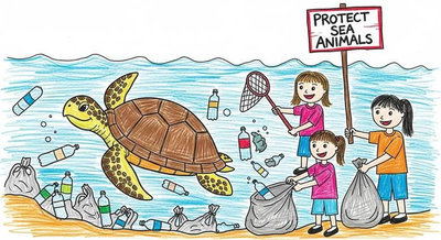 Các bạn nhỏ cầm biển Protect Sea Animals và thu gom rác trên bờ biển cứu rùa khỏi ô nhiễm nhựa