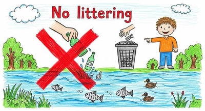 Tranh nhấn mạnh cấm xả rác xuống hồ với dấu chéo đỏ lớn cậu bé chỉ vào thùng rác đúng nơi