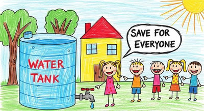 Bể chứa nước cộng đồng với thông điệp Save For Everyone khuyến khích mọi người dùng nước tiết kiệm