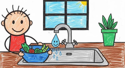Cậu bé rửa rau trong chậu thay vì dưới vòi chảy tiết kiệm đáng kể lượng nước sinh hoạt hàng ngày