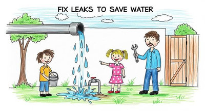 Gia đình phát hiện đường ống bị rỉ và nhờ thợ sửa với khẩu hiệu Fix Leaks To Save Water