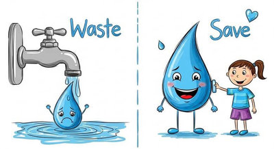 Hình ảnh đối lập Waste và Save giọt nước buồn khi bị lãng phí và vui cười khi được tiết kiệm